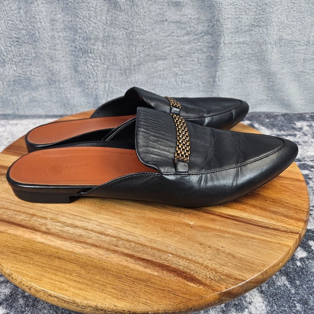 Vionic Starling Mule Women 10 Black Slip On Leather Comfort Vamp Hardware Preppy